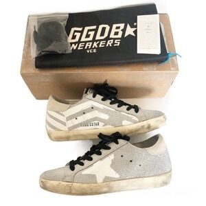 Golden Goose Superstar Glitter White Flag Star Distressed Sneakers Box & Laces